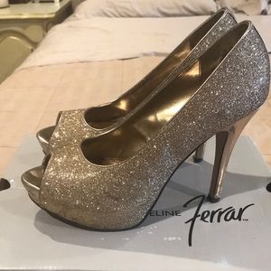 Rose gold peep toe pumps